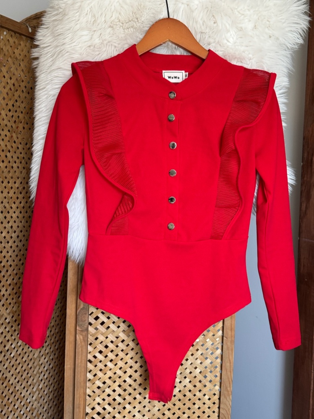 WoWo Women's Red Ruffle-Trim Long Sleeve Bodysuit